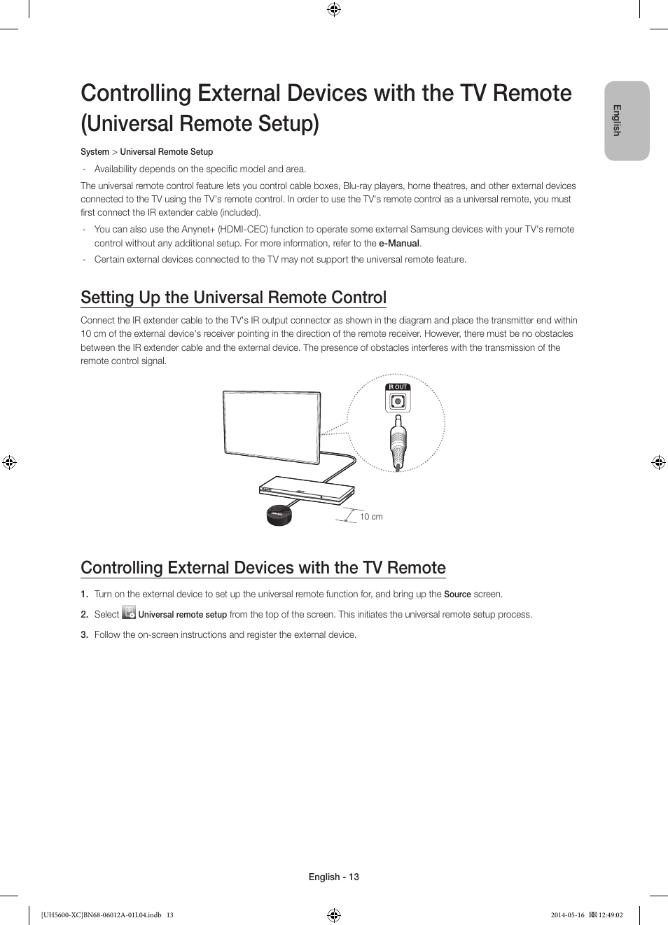 Controlling external devices with the tv remote, Universal remote setup, Setting up the universal remote control | Samsung UE22H5600AW User Manual | Page 13 / 81