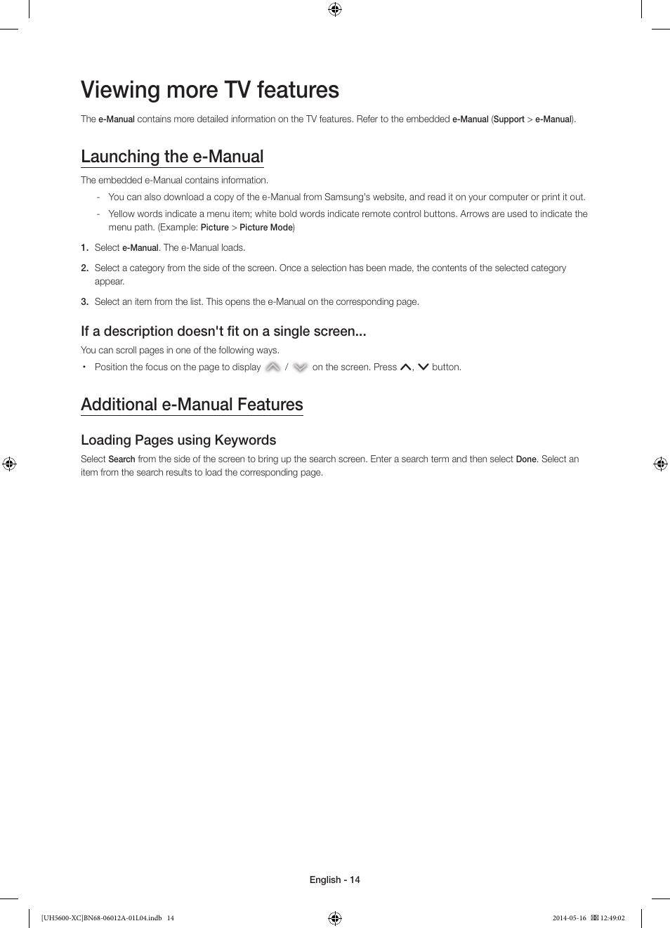 Viewing more tv features, Launching the e-manual, Additional e-manual features | If a description doesn't fit on a single screen, Loading pages using keywords | Samsung UE22H5600AW User Manual | Page 14 / 81