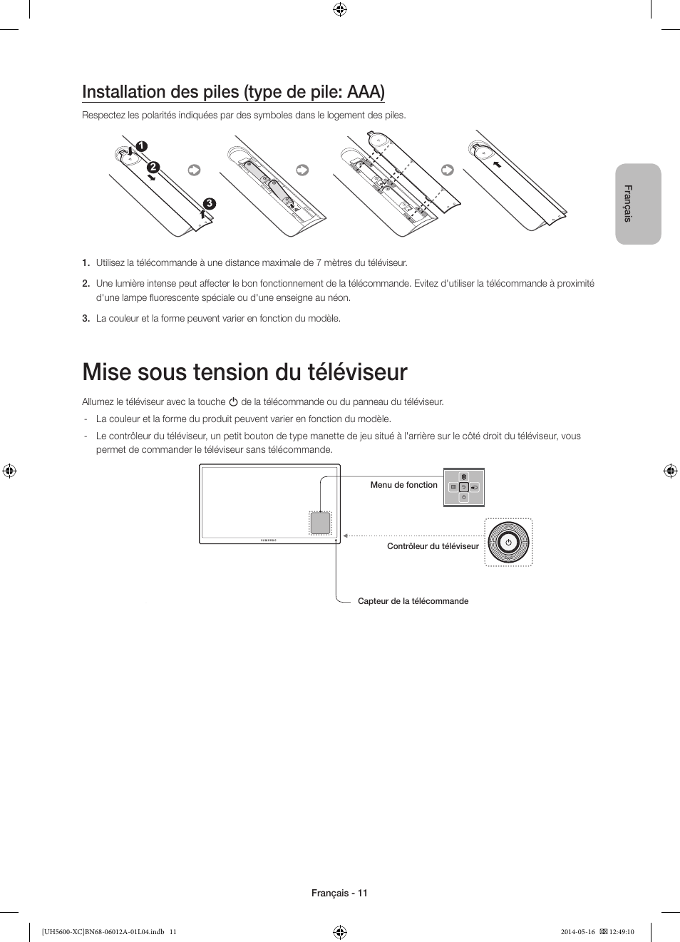 Mise sous tension du téléviseur, Installation des piles (type de pile: aaa) | Samsung UE22H5600AW User Manual | Page 31 / 81