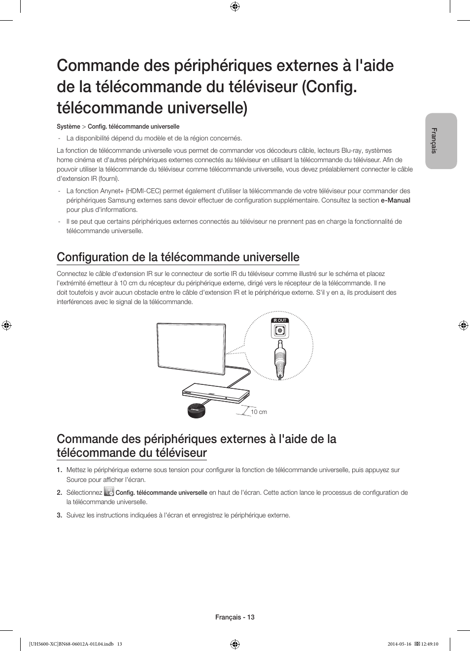 Configuration de la télécommande universelle | Samsung UE22H5600AW User Manual | Page 33 / 81