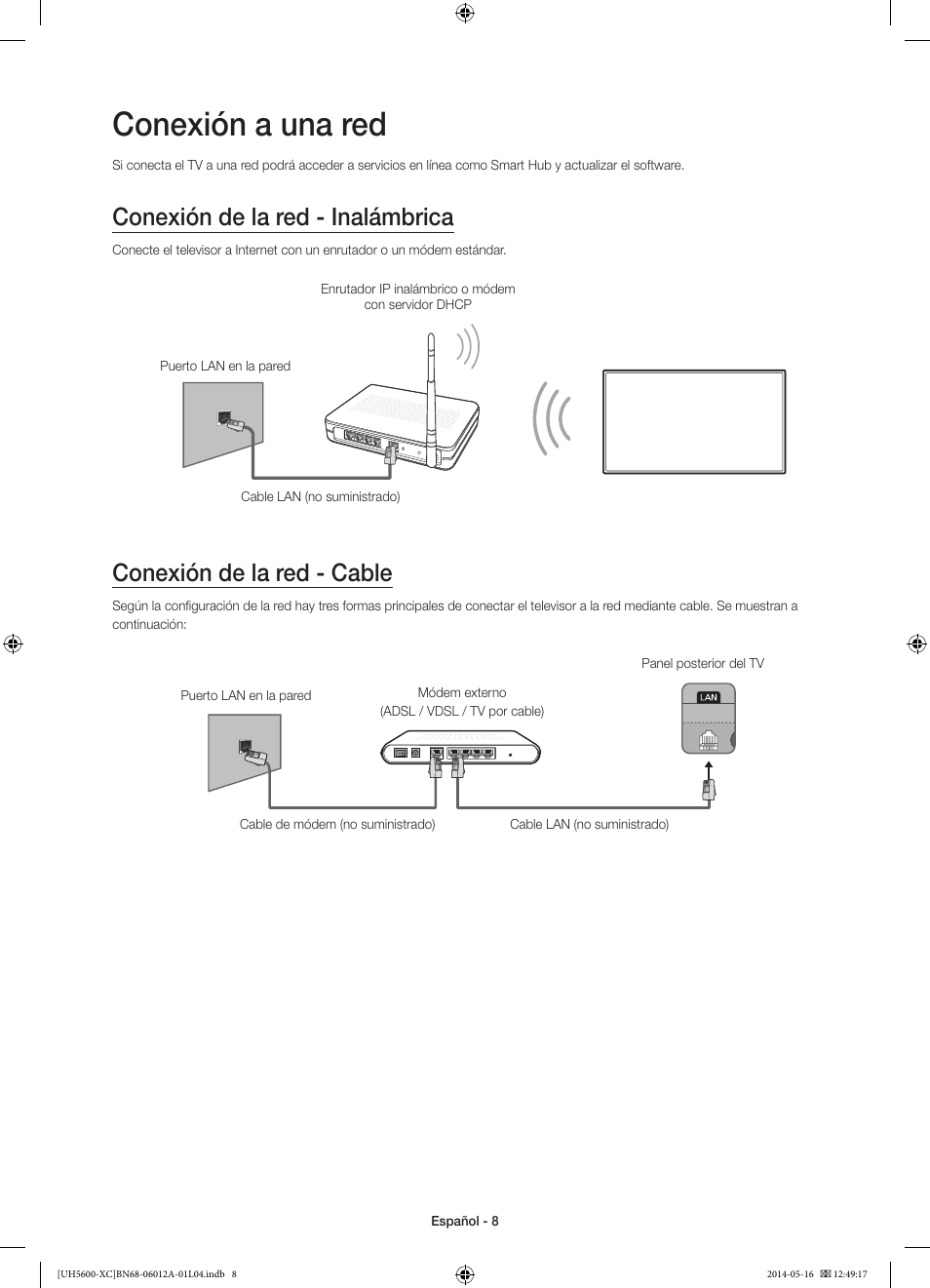 Conexión a una red, Conexión de la red - inalámbrica, Conexión de la red - cable | Samsung UE22H5600AW User Manual | Page 48 / 81
