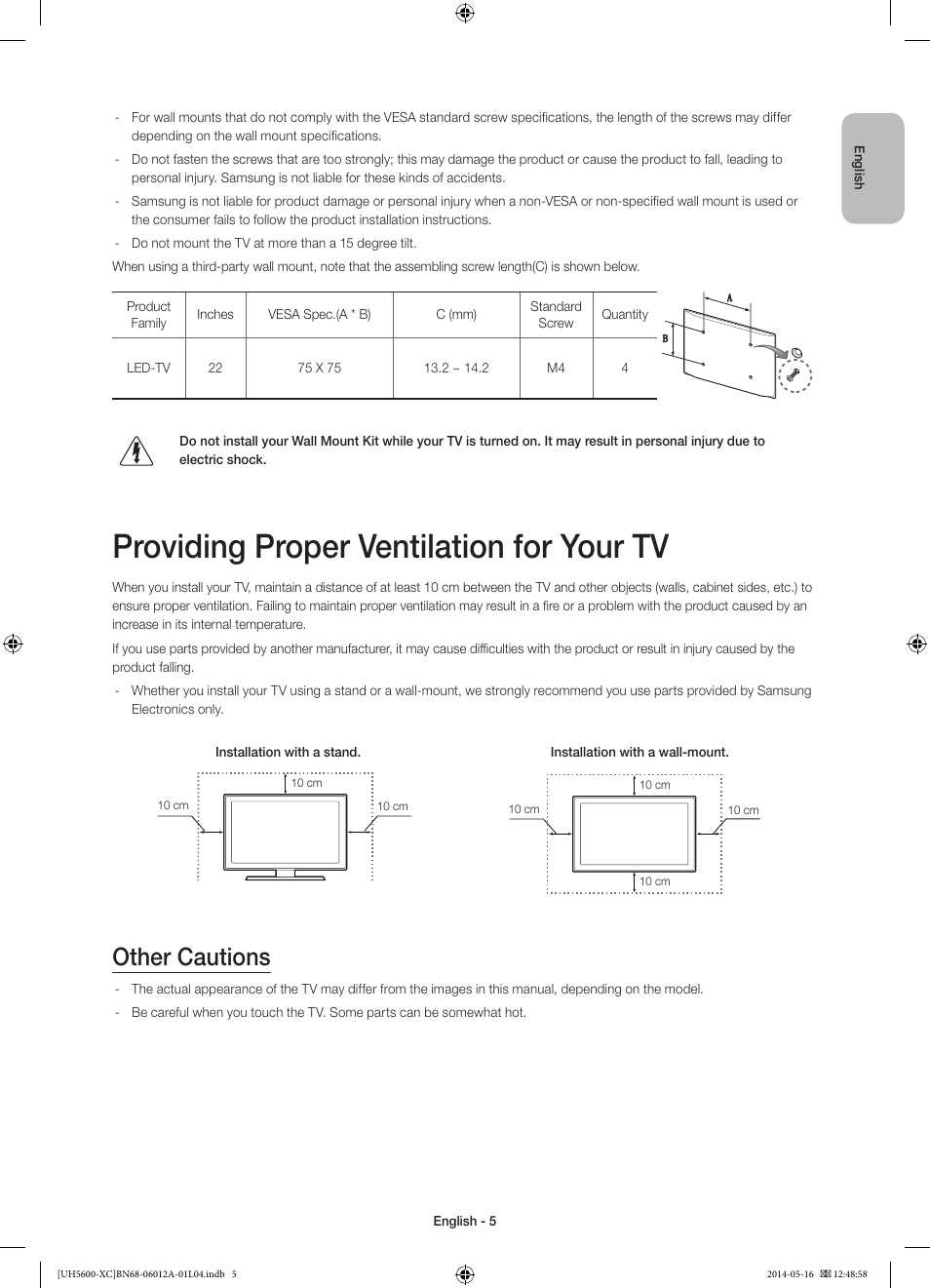 Providing proper ventilation for your tv, Other cautions | Samsung UE22H5600AW User Manual | Page 5 / 81