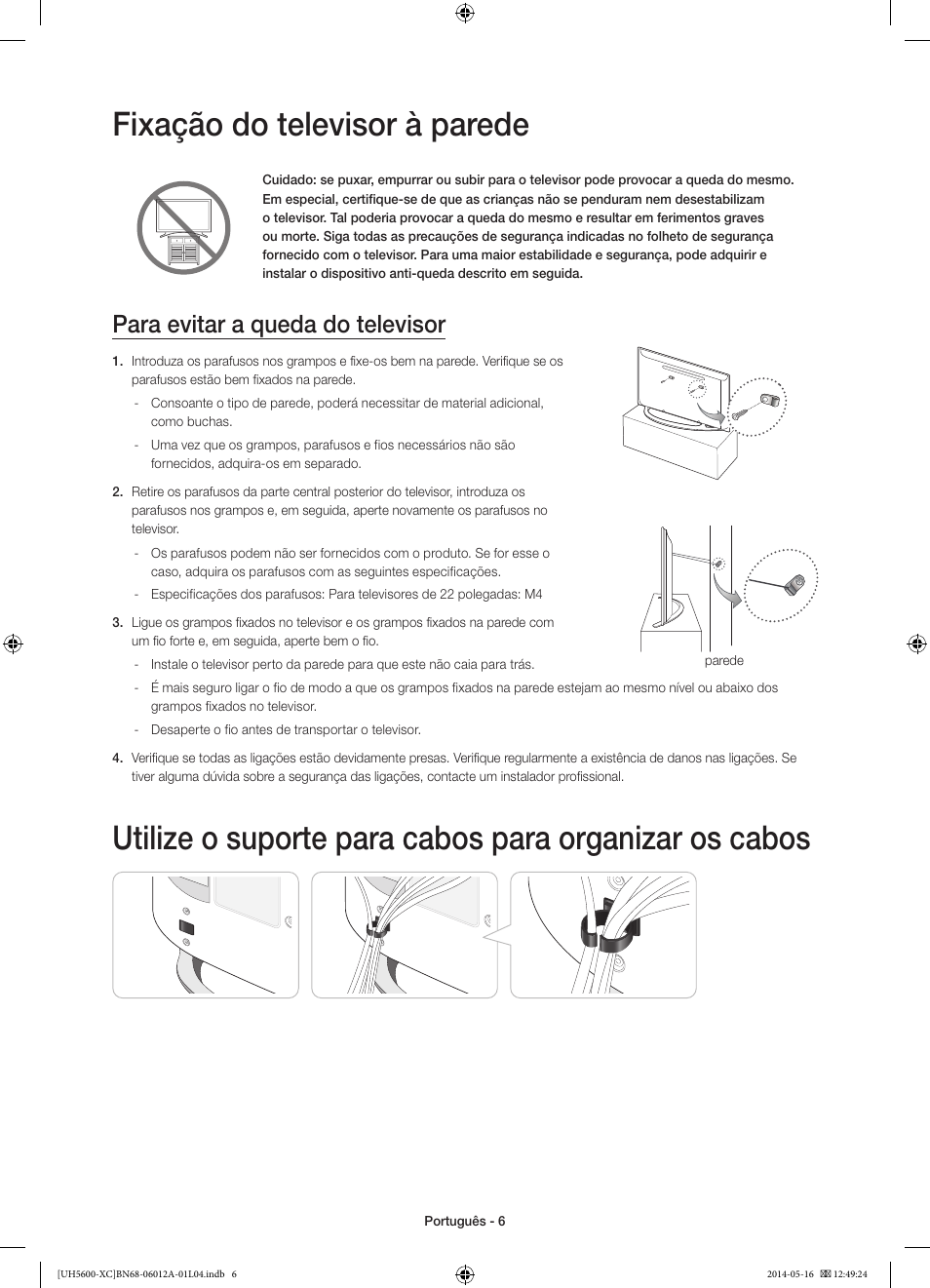 Fixação do televisor à parede, Para evitar a queda do televisor | Samsung UE22H5600AW User Manual | Page 66 / 81