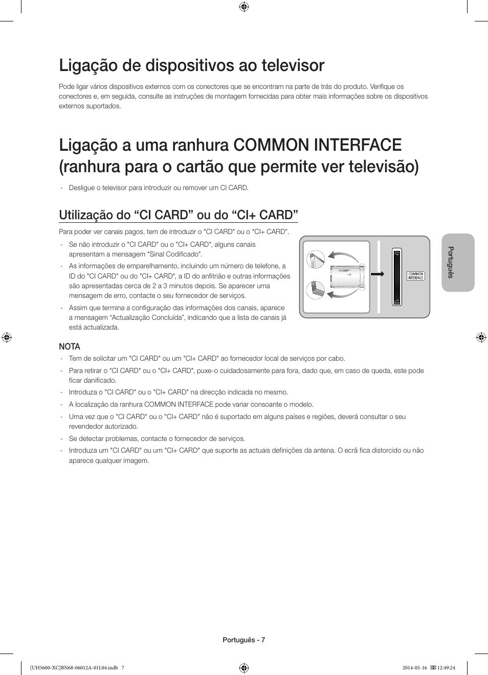 Ligação de dispositivos ao televisor, Utilização do “ci card” ou do “ci+ card | Samsung UE22H5600AW User Manual | Page 67 / 81