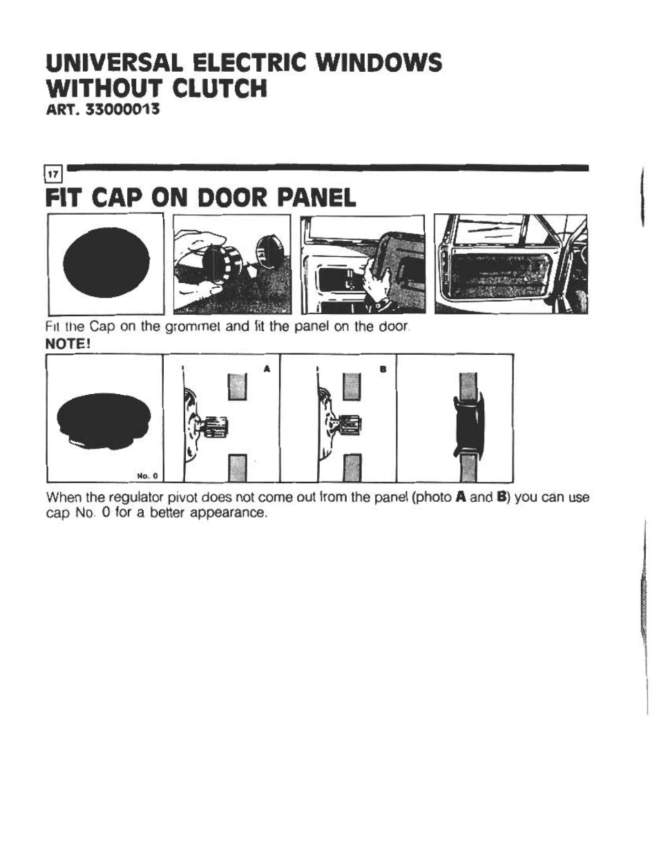 N __q_ l0, Universal electric windows without clutch, Fit cap on door panel | Audiovox Automobile Accessories User Manual | Page 12 / 20