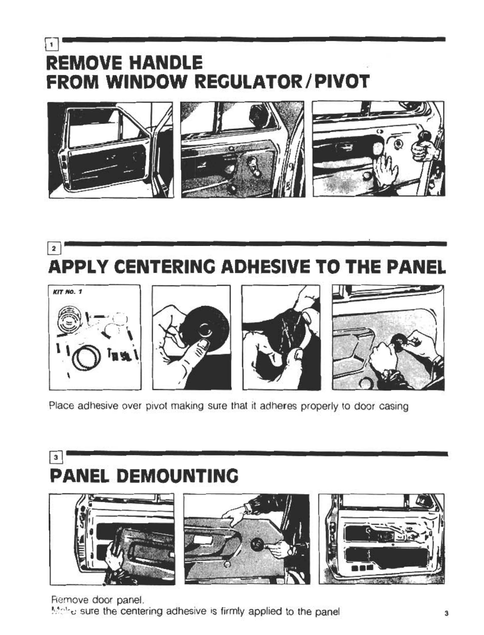 Remove handle from window regulator/pivot, Apply centering adhesive to the panel, Panel demounting | Audiovox Automobile Accessories User Manual | Page 2 / 20