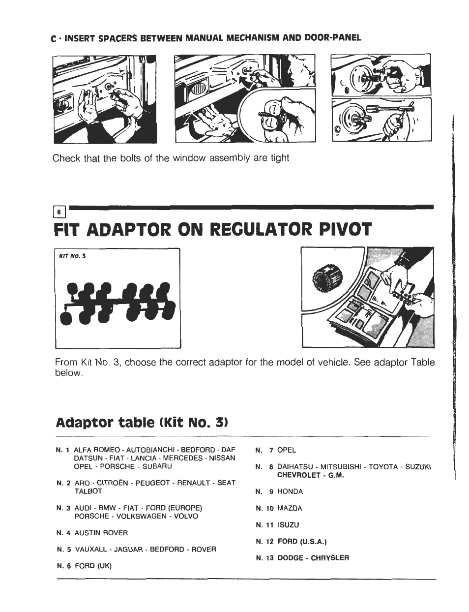 Iééjtââ. stwtfn, Fit adaptor on regulator pivot, Adaptor table (kit no. 3) | Audiovox Automobile Accessories User Manual | Page 4 / 20