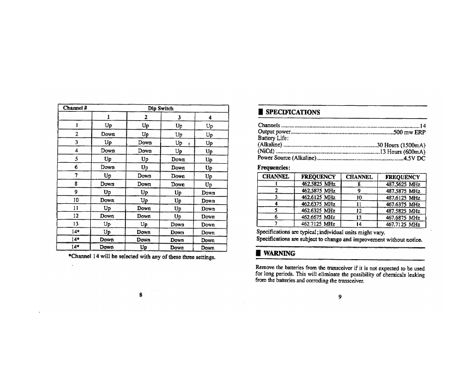 I specmcations, Frequencies, Warning | Audiovox FR-100 User Manual | Page 5 / 6