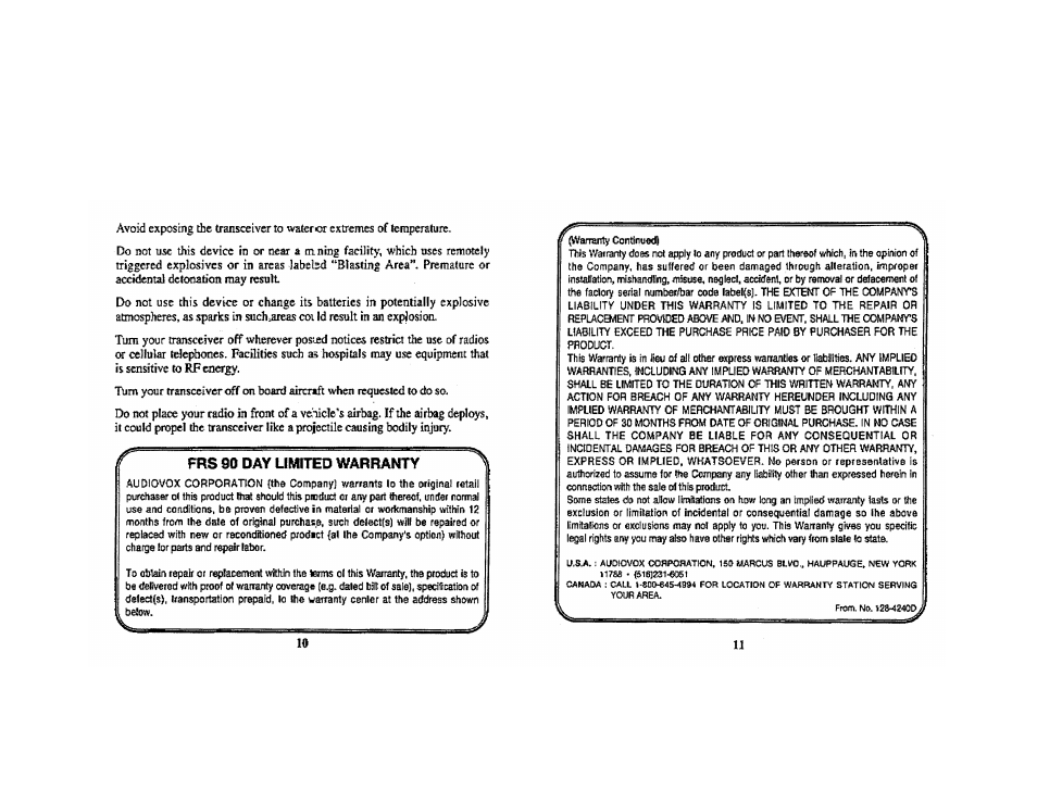 Frs 90 day limited warranty | Audiovox FR-100 User Manual | Page 6 / 6