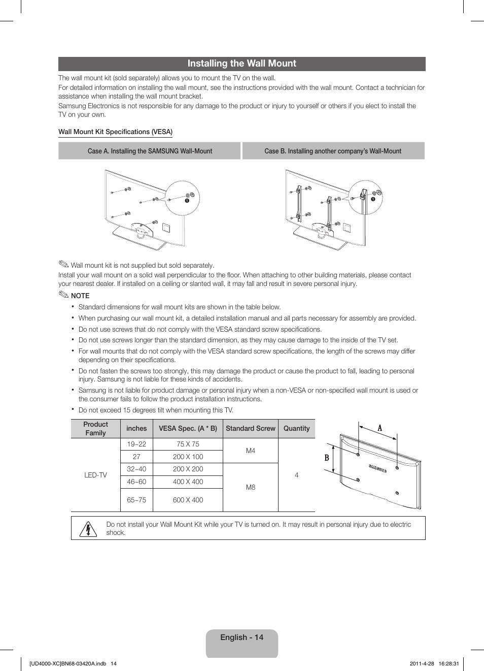 Installing the wall mount | Samsung UE19D4020NW User Manual | Page 14 / 66