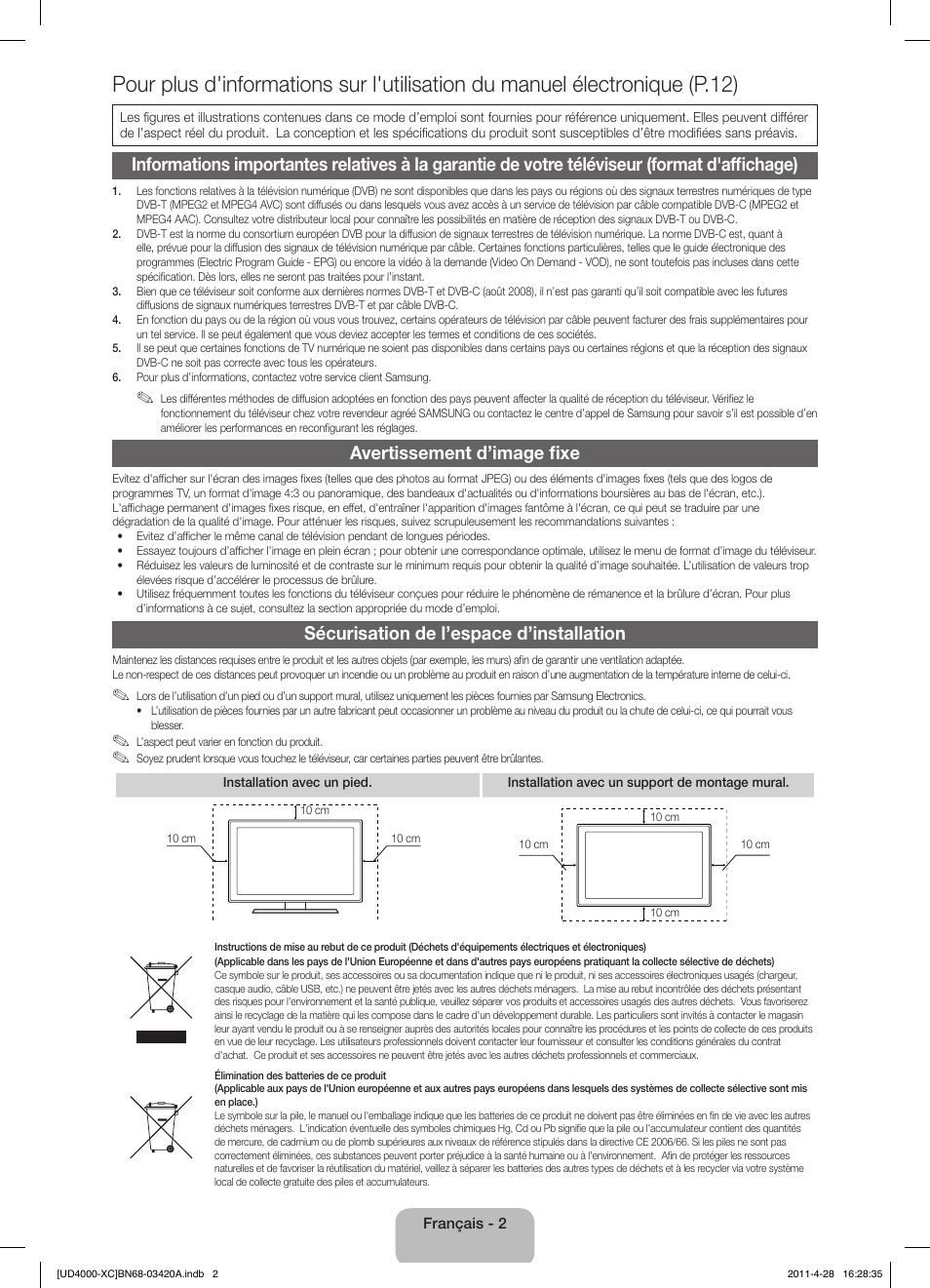 Avertissement d’image fixe, Sécurisation de l’espace d’installation | Samsung UE19D4020NW User Manual | Page 18 / 66