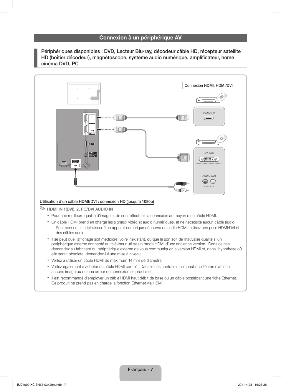 Connexion à un périphérique av | Samsung UE19D4020NW User Manual | Page 23 / 66