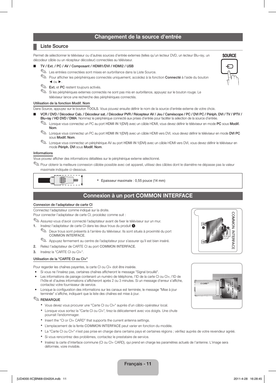 Changement de la source d'entrée, Connexion à un port common interface | Samsung UE19D4020NW User Manual | Page 27 / 66