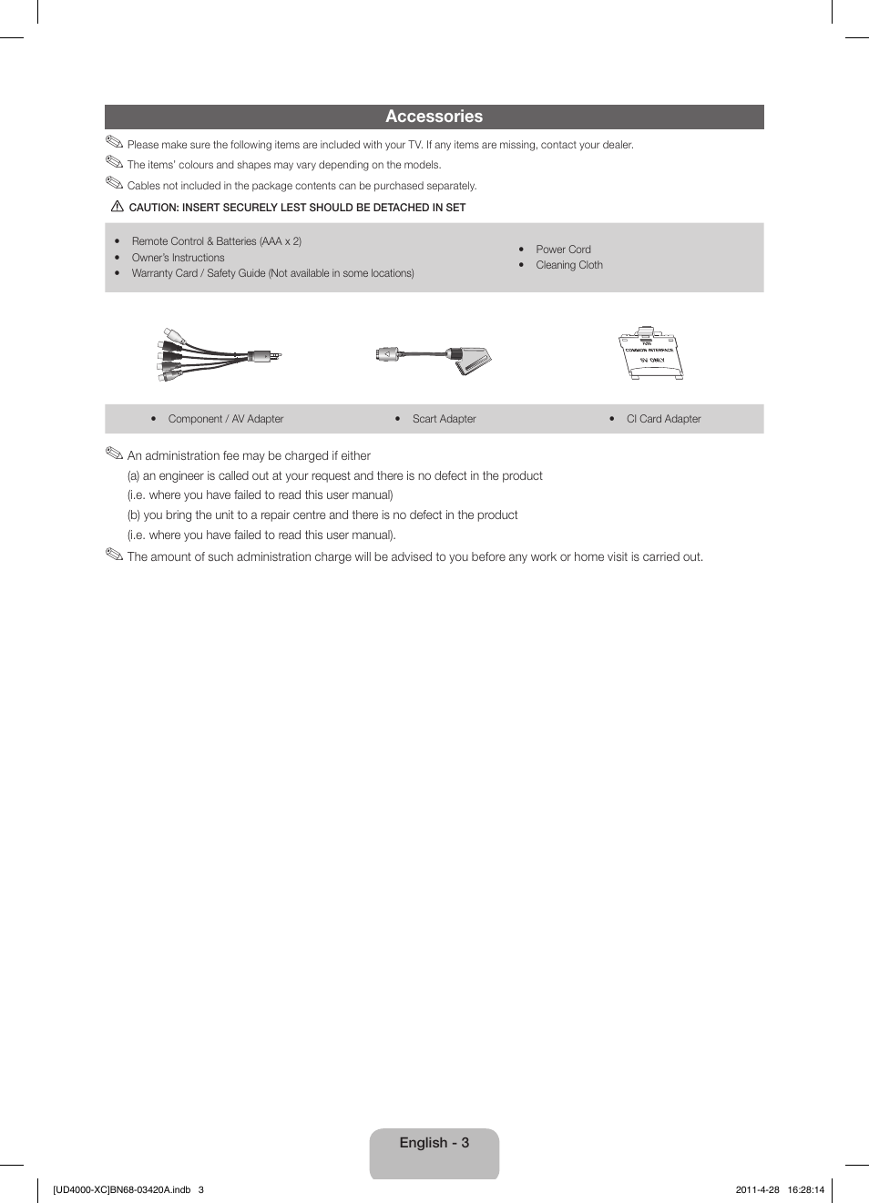 Accessories | Samsung UE19D4020NW User Manual | Page 3 / 66