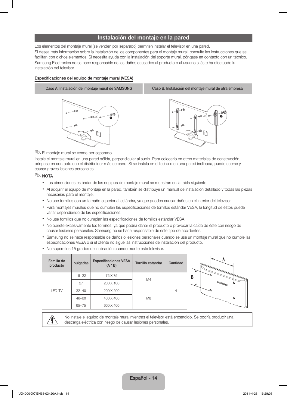 Instalación del montaje en la pared | Samsung UE19D4020NW User Manual | Page 46 / 66