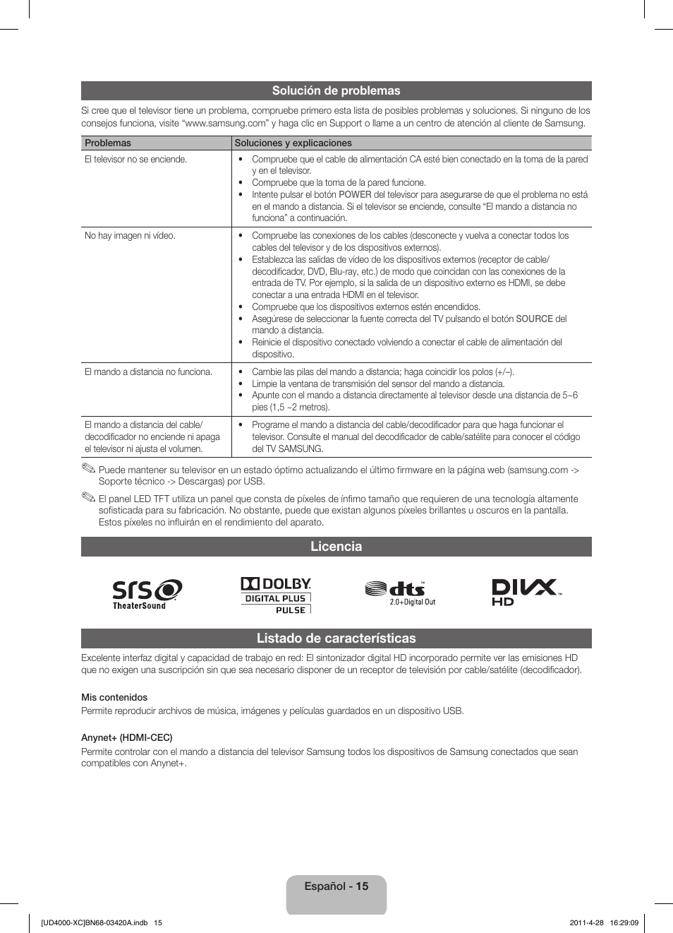 Licencia listado de características | Samsung UE19D4020NW User Manual | Page 47 / 66