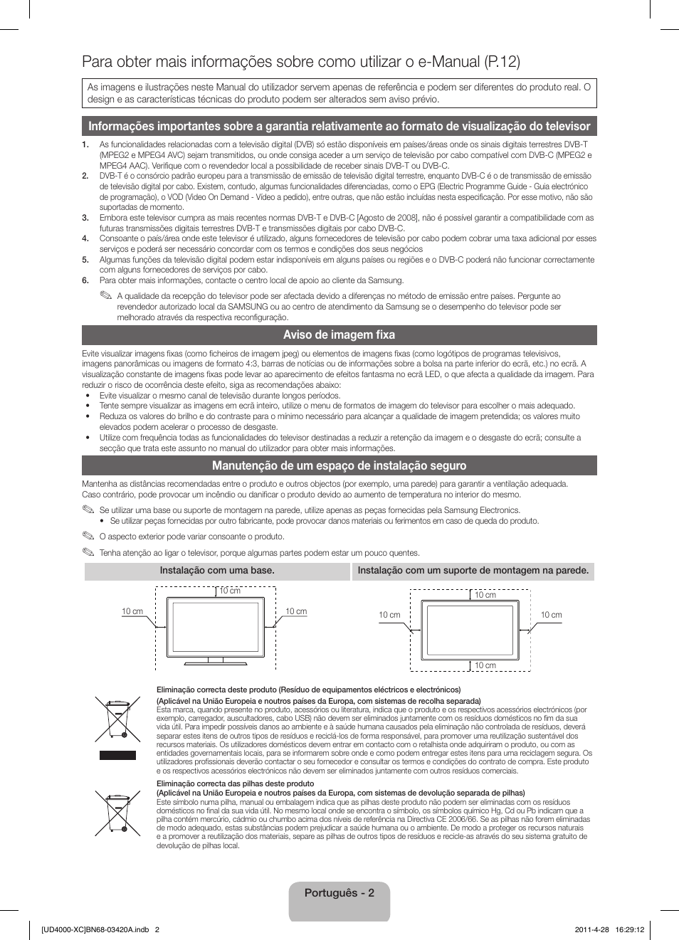 Aviso de imagem fixa, Manutenção de um espaço de instalação seguro | Samsung UE19D4020NW User Manual | Page 50 / 66