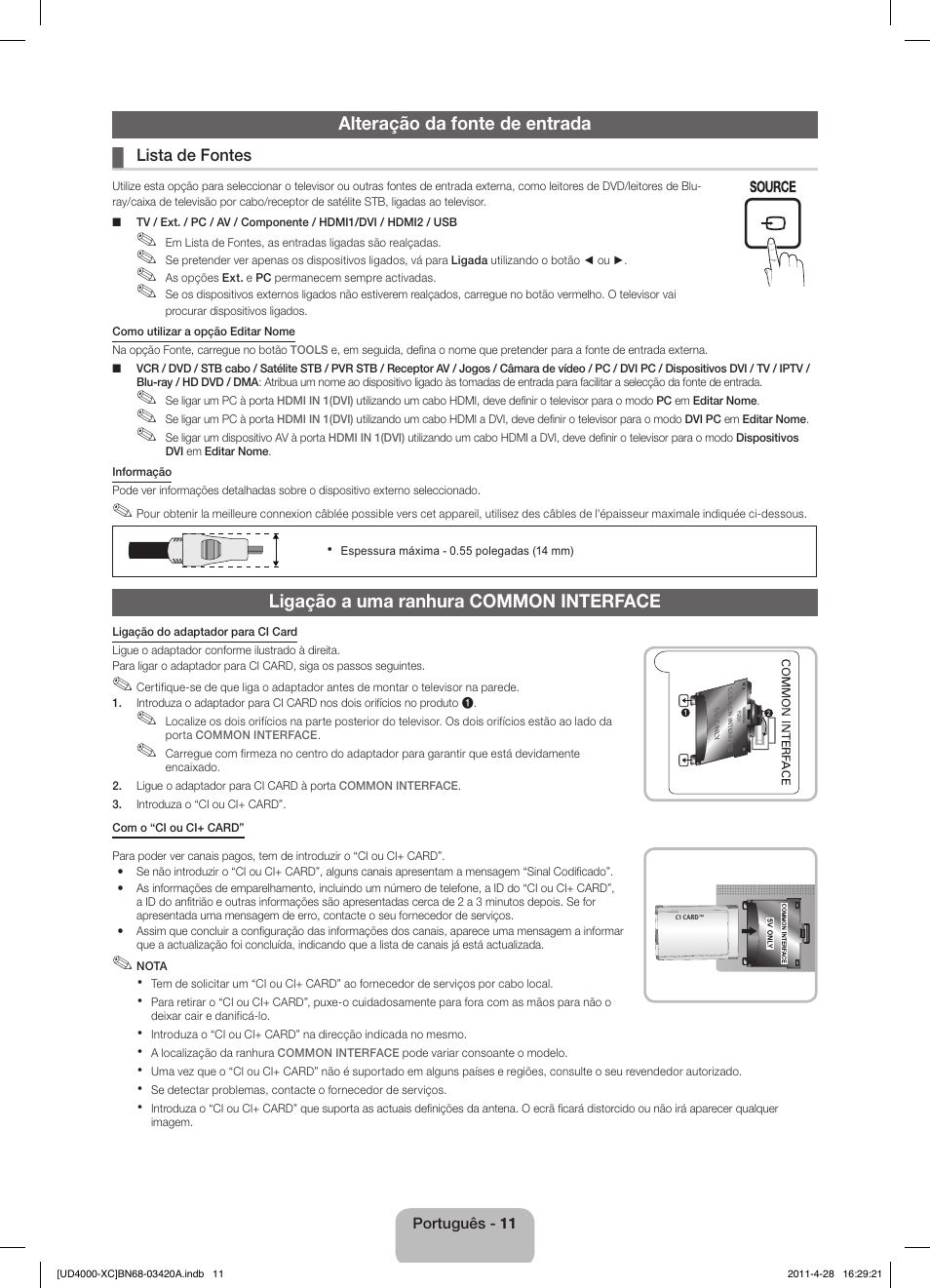 Alteração da fonte de entrada, Ligação a uma ranhura common interface | Samsung UE19D4020NW User Manual | Page 59 / 66