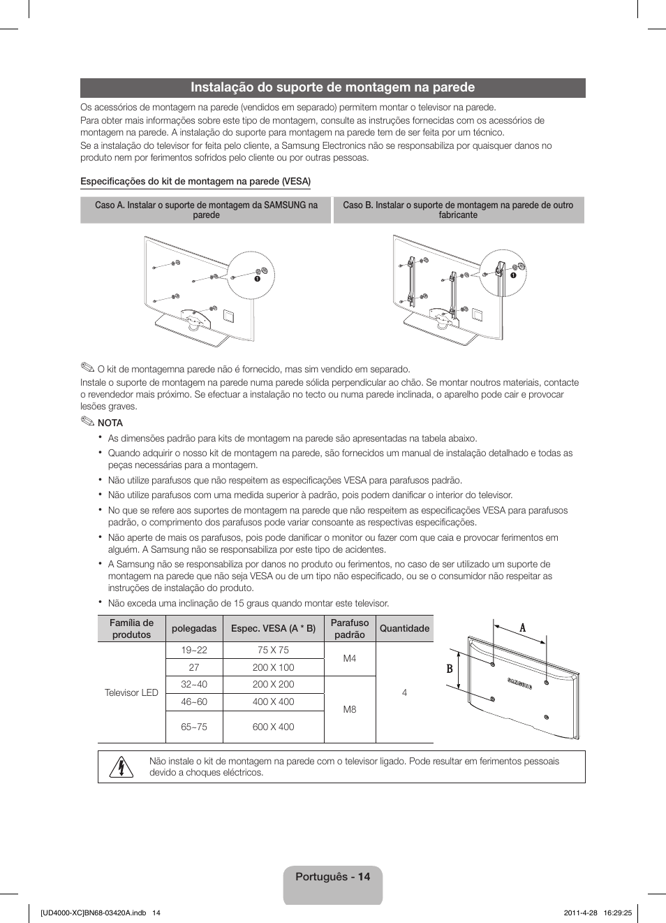 Instalação do suporte de montagem na parede | Samsung UE19D4020NW User Manual | Page 62 / 66