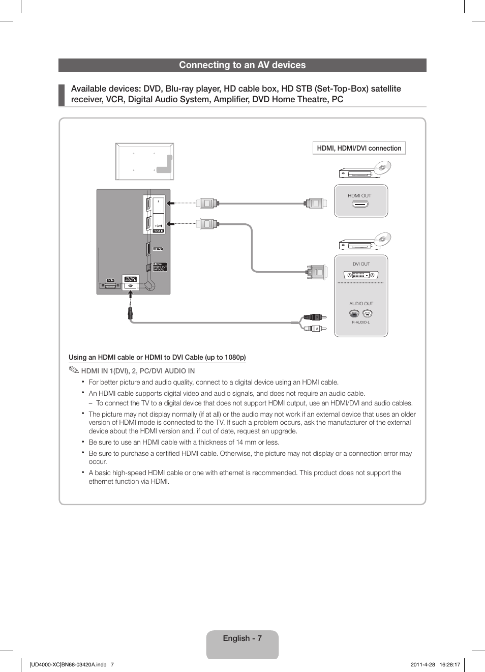 Connecting to an av devices | Samsung UE19D4020NW User Manual | Page 7 / 66