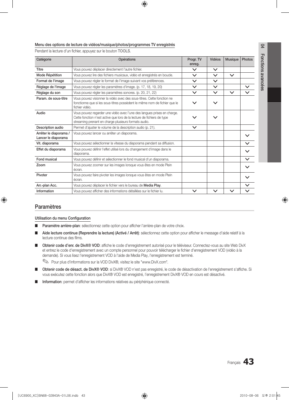 Paramètres | Samsung UE55C6900VS User Manual | Page 105 / 374