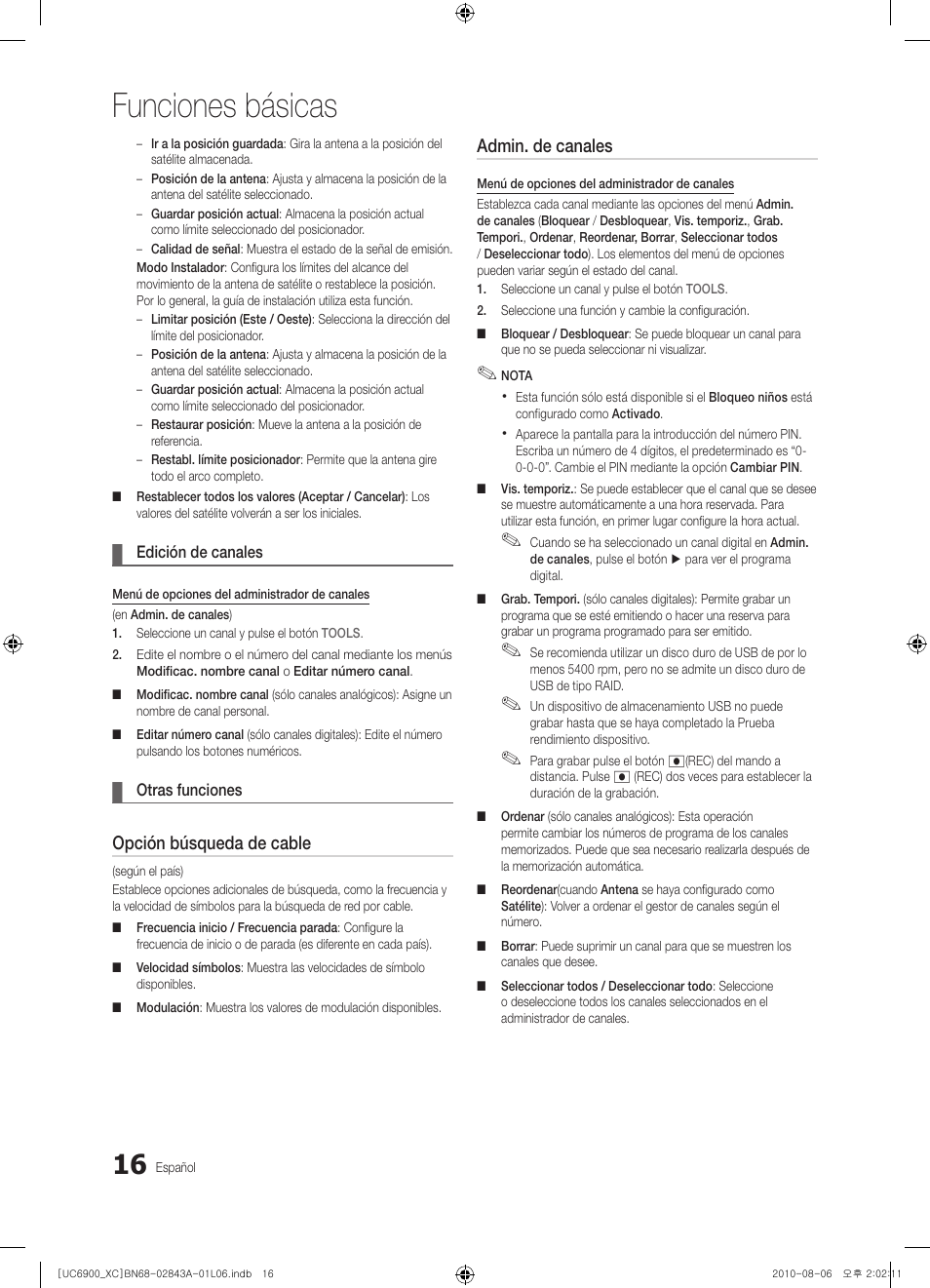 Funciones básicas, Opción búsqueda de cable, Admin. de canales | Samsung UE55C6900VS User Manual | Page 140 / 374