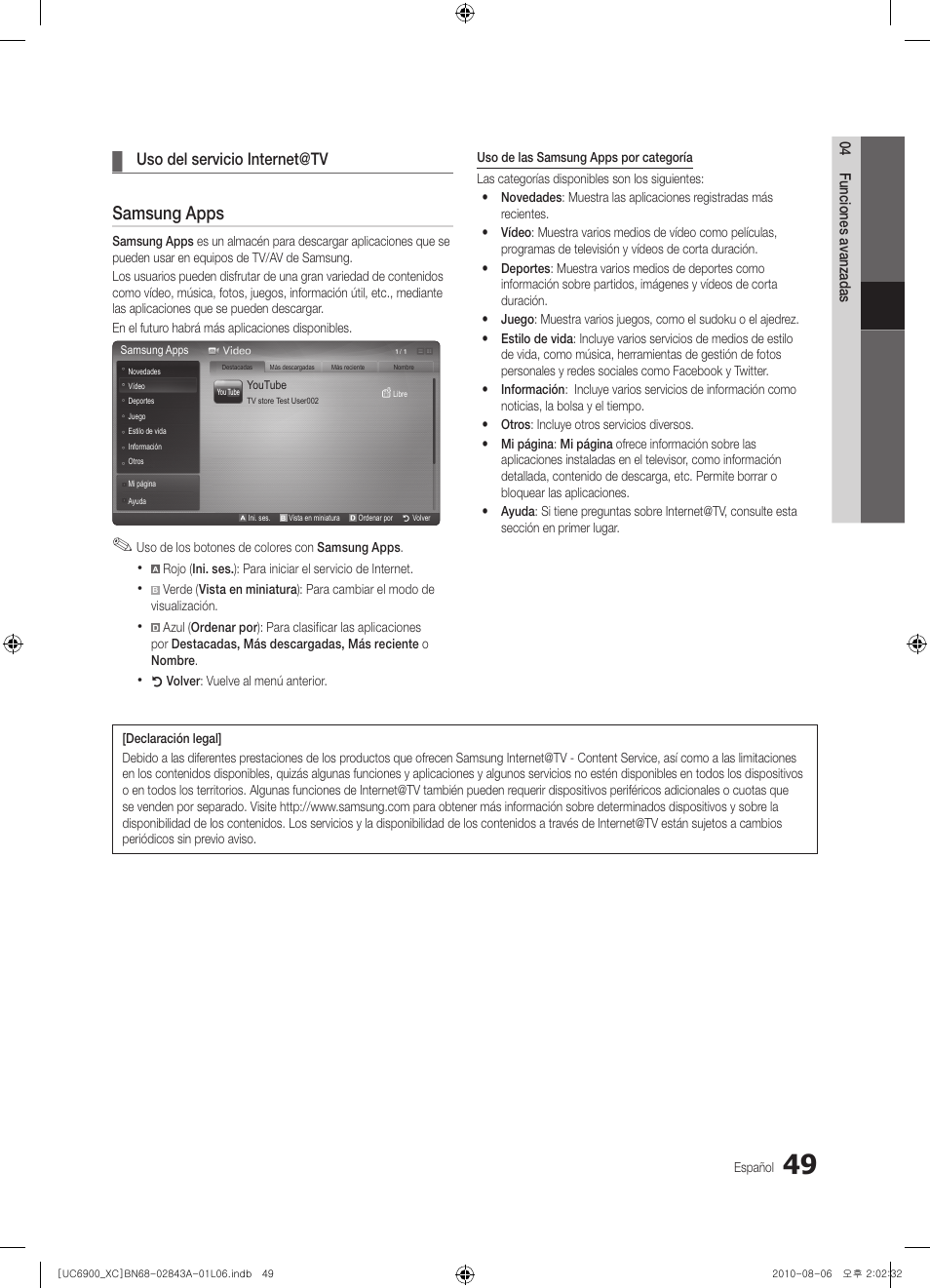 Samsung apps, Uso del servicio internet@tv | Samsung UE55C6900VS User Manual | Page 173 / 374