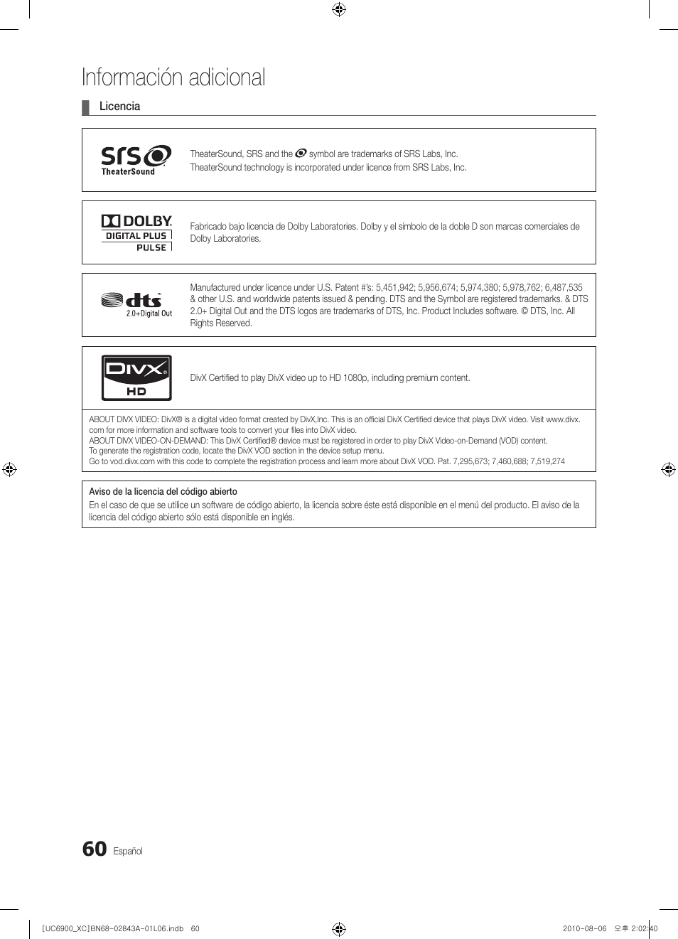 Información adicional | Samsung UE55C6900VS User Manual | Page 184 / 374