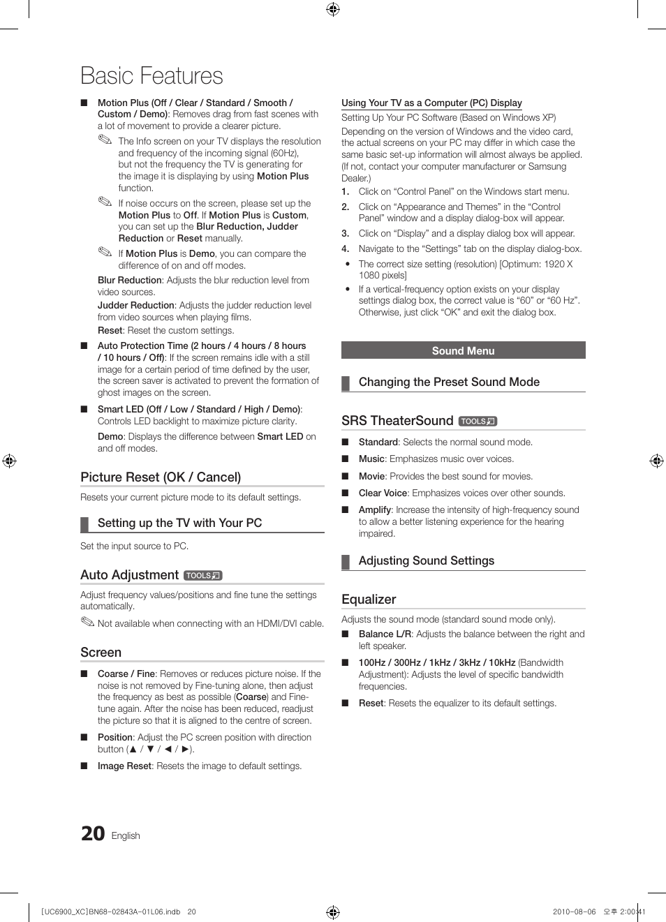 Basic features, Picture reset (ok / cancel), Auto adjustment | Screen, Srs theatersound, Equalizer | Samsung UE55C6900VS User Manual | Page 20 / 374