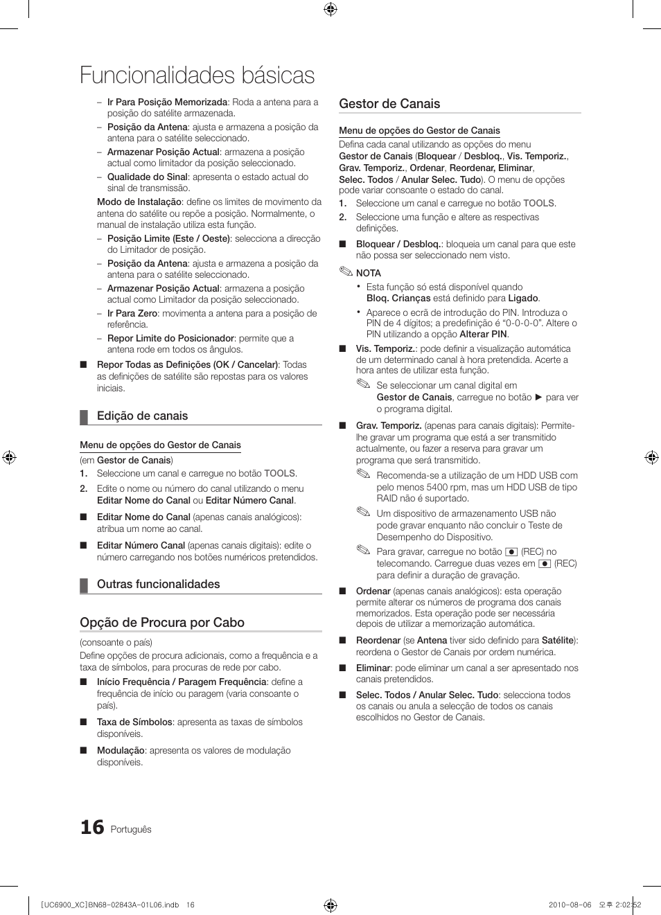 Funcionalidades básicas, Opção de procura por cabo, Gestor de canais | Samsung UE55C6900VS User Manual | Page 202 / 374