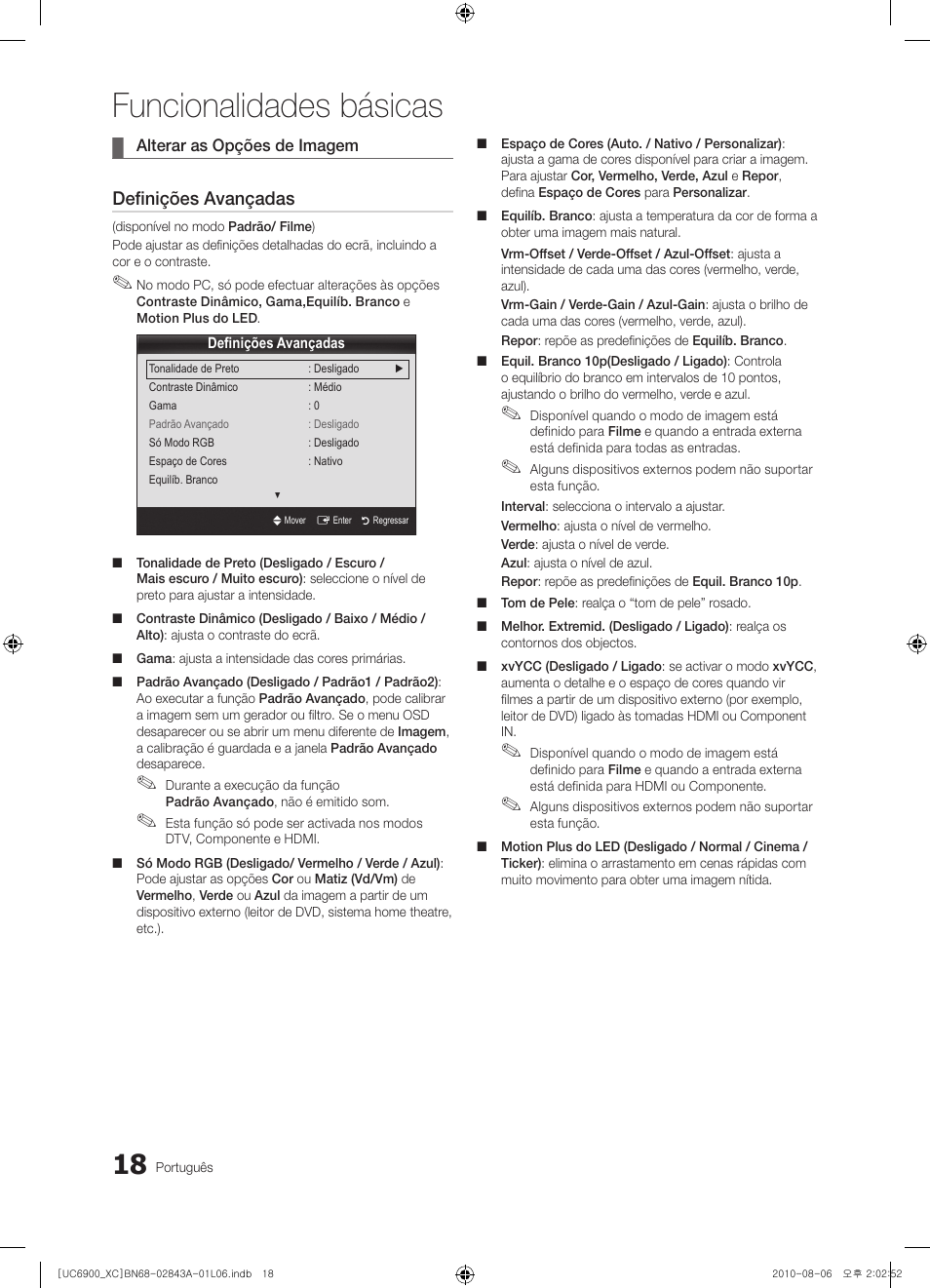 Funcionalidades básicas, Definições avançadas | Samsung UE55C6900VS User Manual | Page 204 / 374