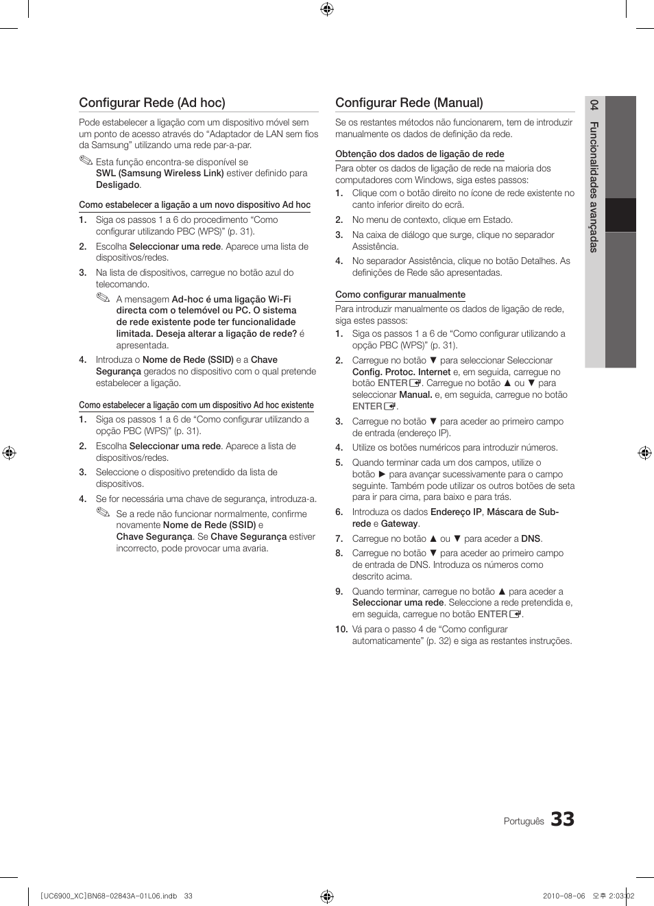 Configurar rede (ad hoc), Configurar rede (manual) | Samsung UE55C6900VS User Manual | Page 219 / 374