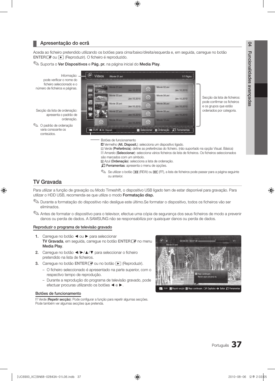 Tv gravada, Apresentação do ecrã | Samsung UE55C6900VS User Manual | Page 223 / 374