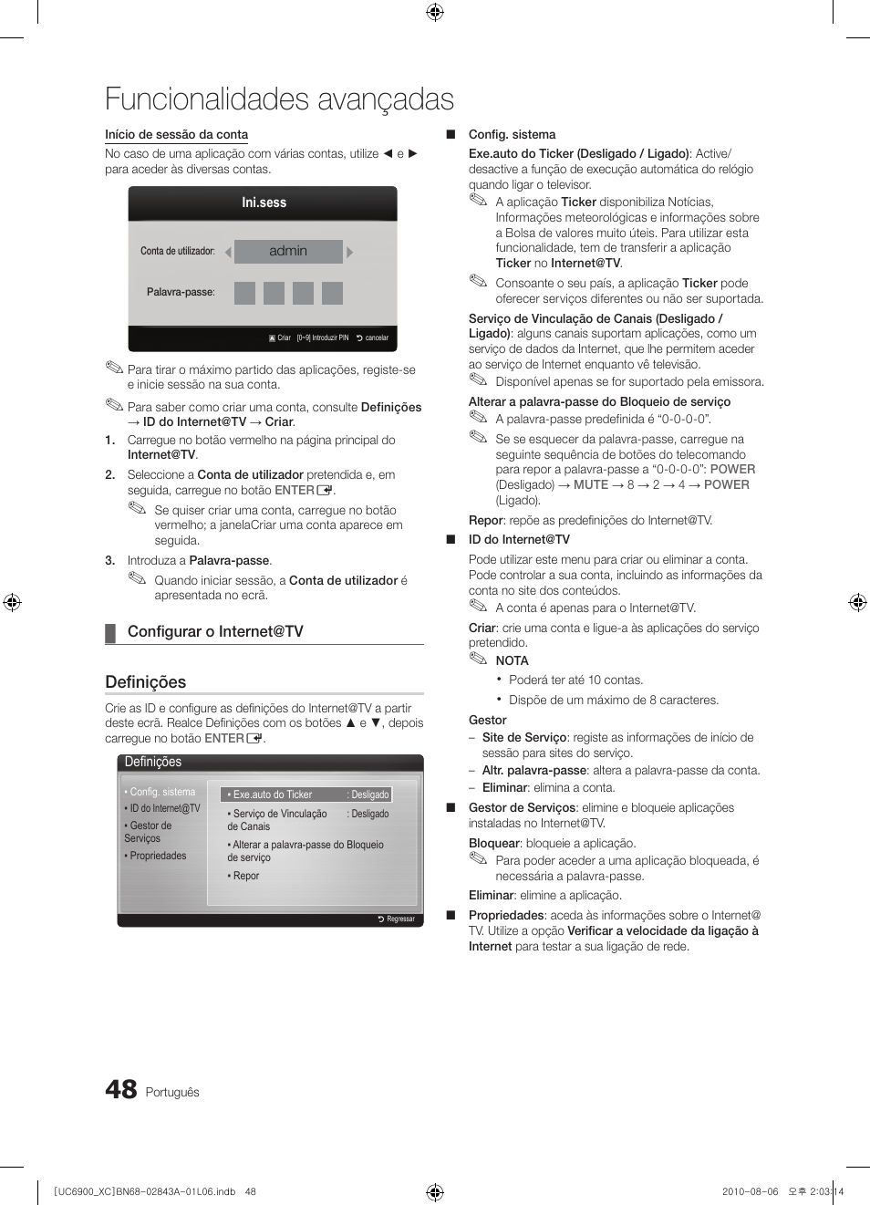 Funcionalidades avançadas, Definições | Samsung UE55C6900VS User Manual | Page 234 / 374