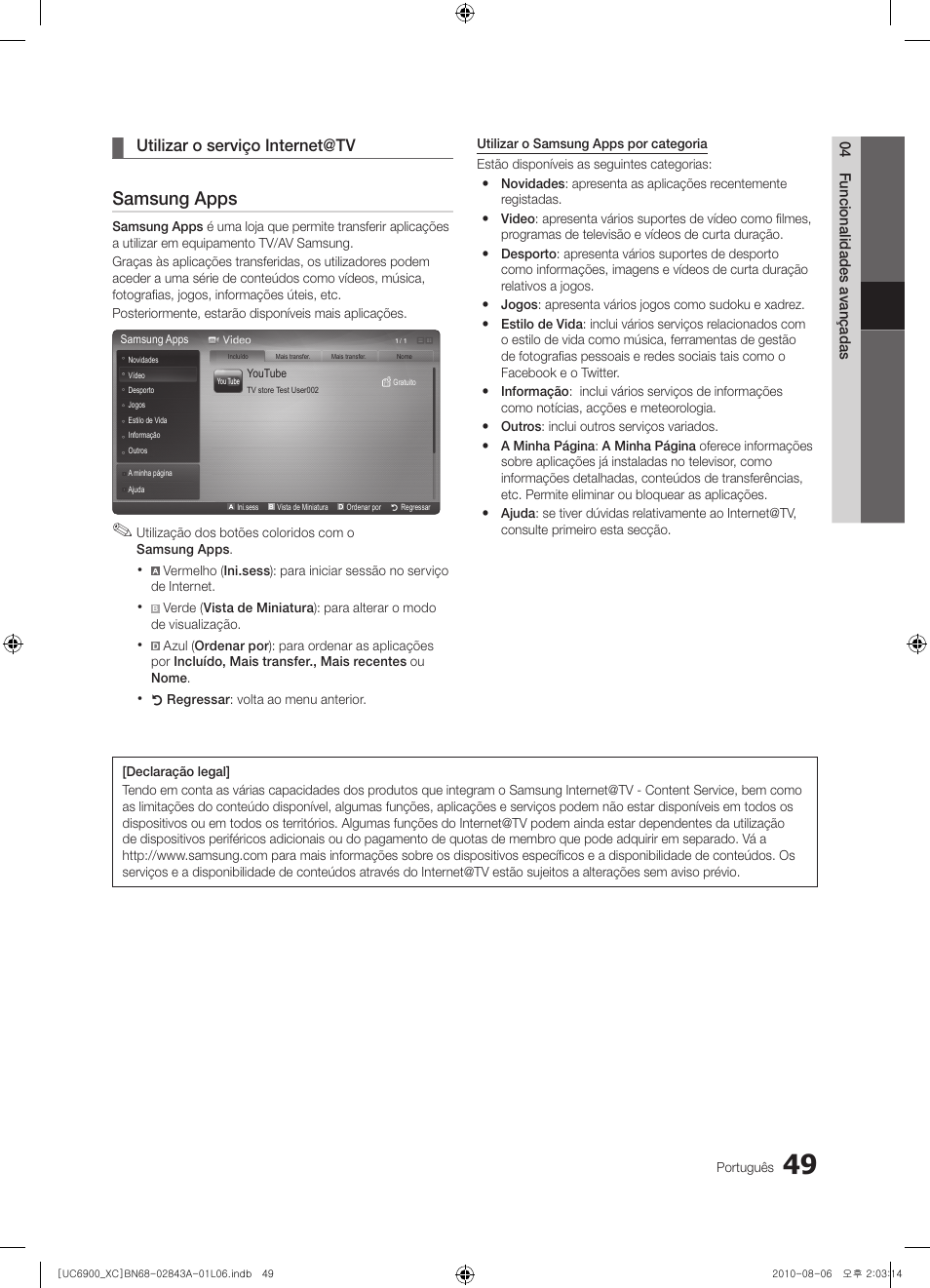 Samsung apps, Utilizar o serviço internet@tv | Samsung UE55C6900VS User Manual | Page 235 / 374