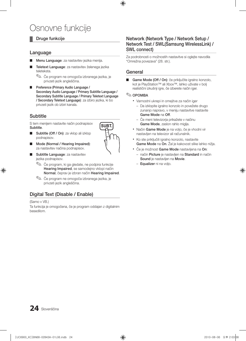 Osnovne funkcije | Samsung UE55C6900VS User Manual | Page 272 / 374