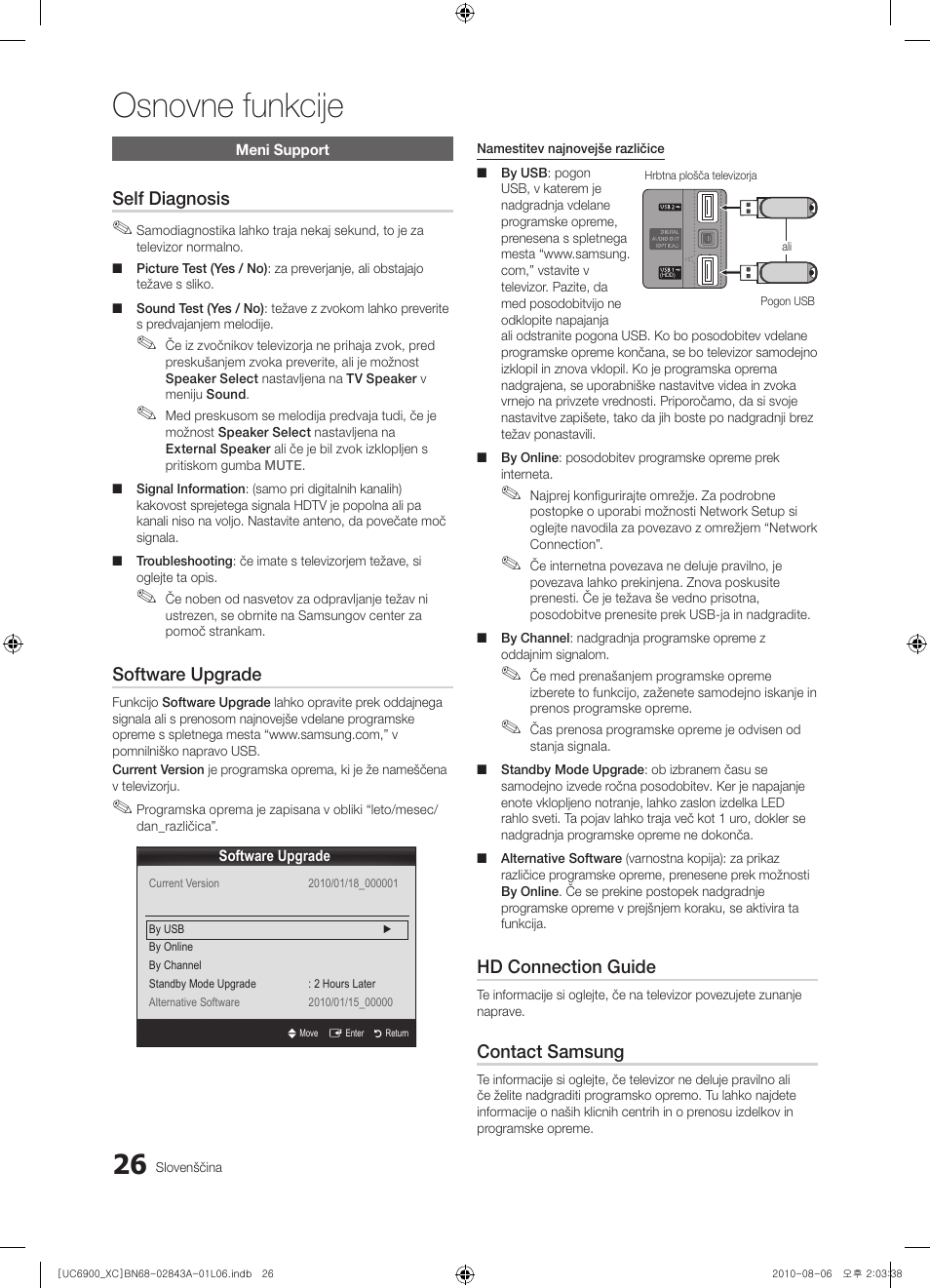 Osnovne funkcije, Self diagnosis, Software upgrade | Hd connection guide, Contact samsung | Samsung UE55C6900VS User Manual | Page 274 / 374