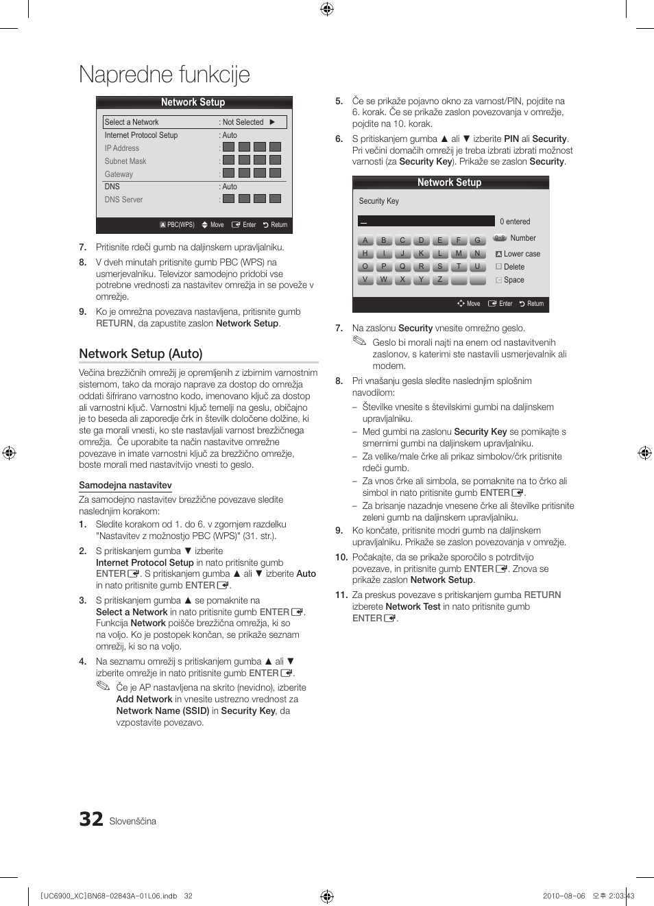 Napredne funkcije, Network setup (auto) | Samsung UE55C6900VS User Manual | Page 280 / 374