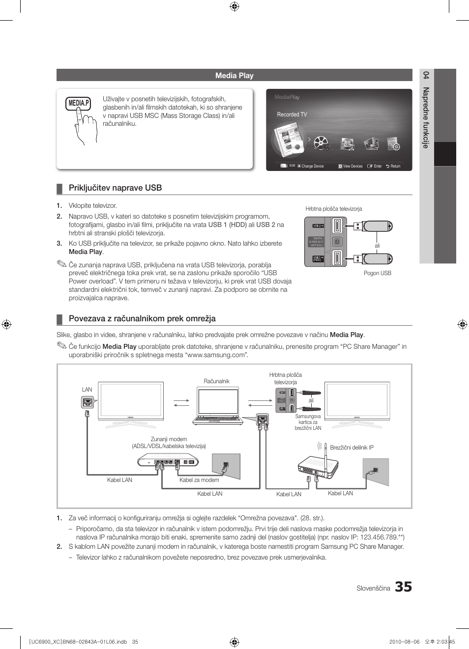 Priključitev naprave usb, Povezava z računalnikom prek omrežja | Samsung UE55C6900VS User Manual | Page 283 / 374