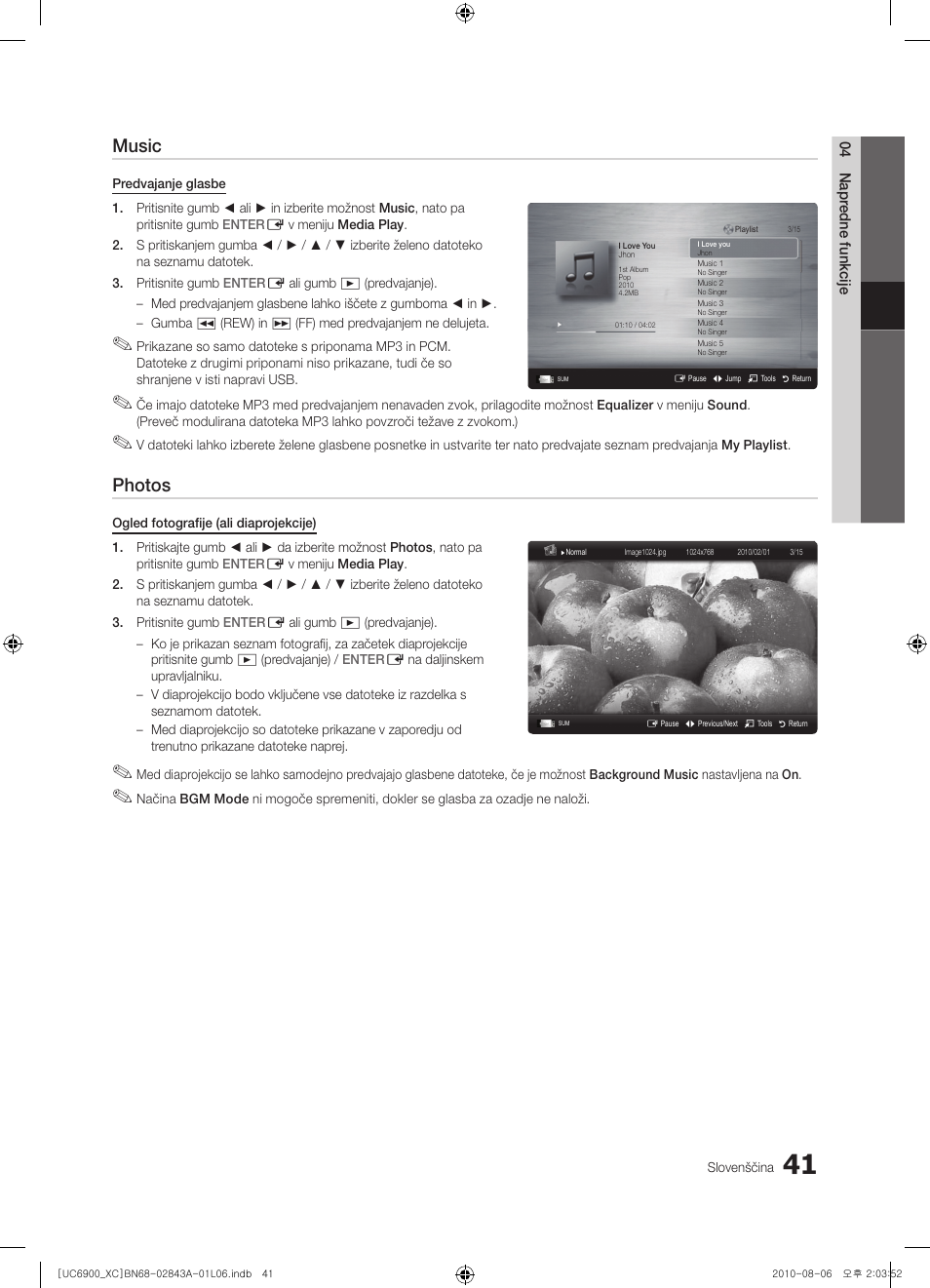 Music, Photos | Samsung UE55C6900VS User Manual | Page 289 / 374