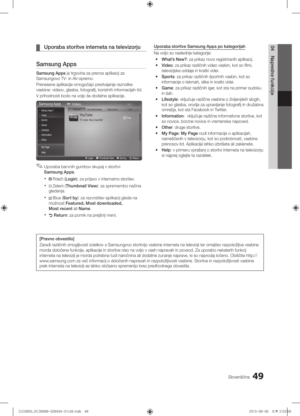 Samsung apps, Uporaba storitve interneta na televizorju | Samsung UE55C6900VS User Manual | Page 297 / 374