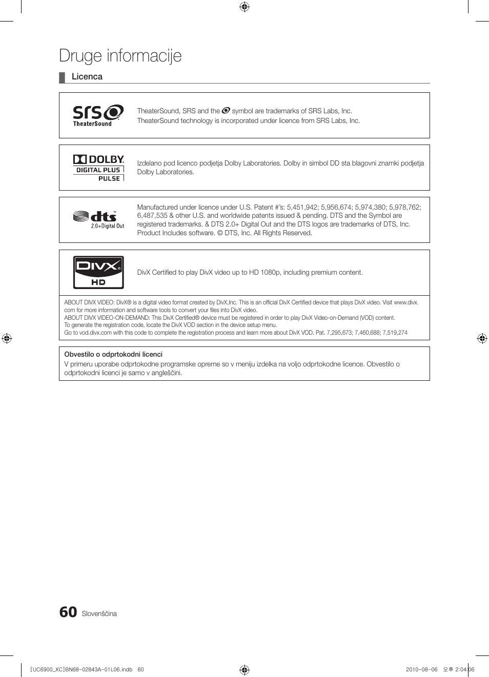 Druge informacije | Samsung UE55C6900VS User Manual | Page 308 / 374