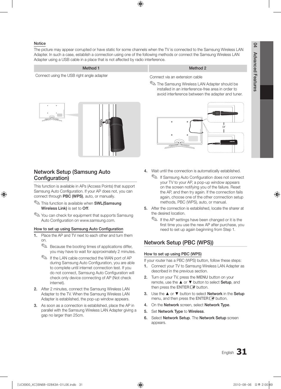 Network setup (samsung auto configuration), Network setup (pbc (wps)) | Samsung UE55C6900VS User Manual | Page 31 / 374