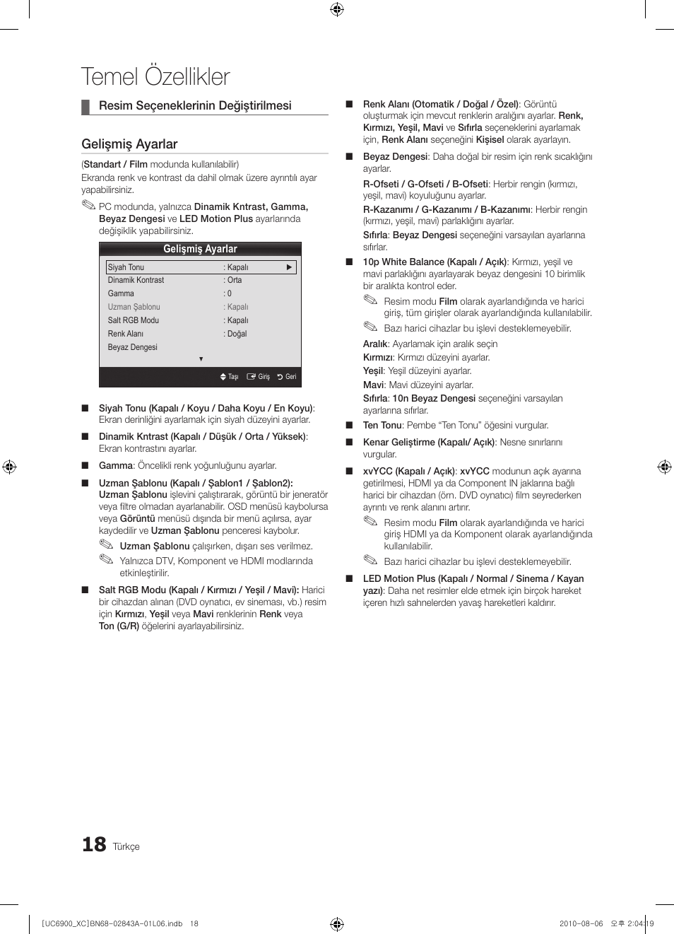 Temel özellikler, Gelişmiş ayarlar | Samsung UE55C6900VS User Manual | Page 328 / 374