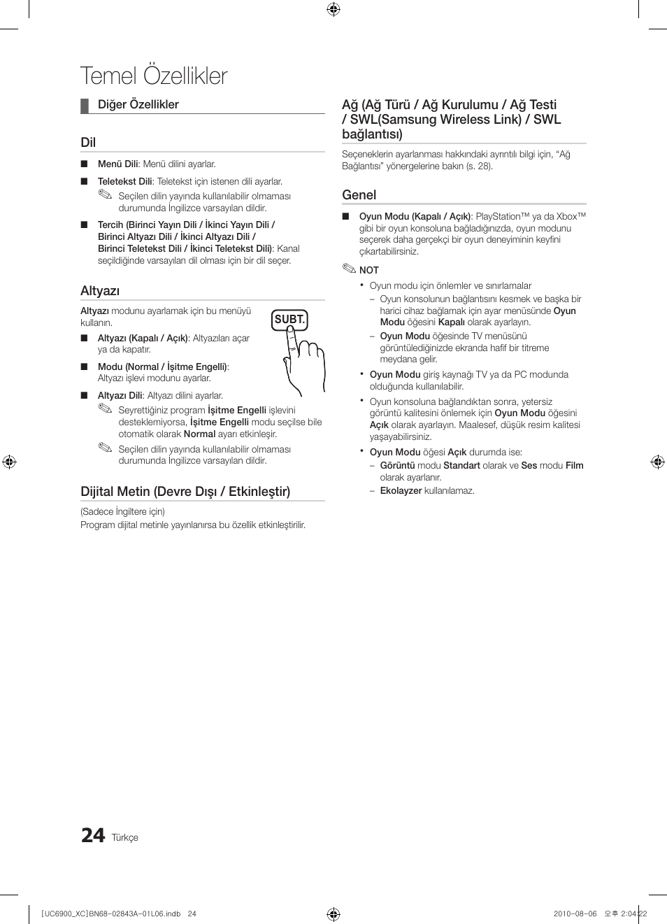 Temel özellikler | Samsung UE55C6900VS User Manual | Page 334 / 374