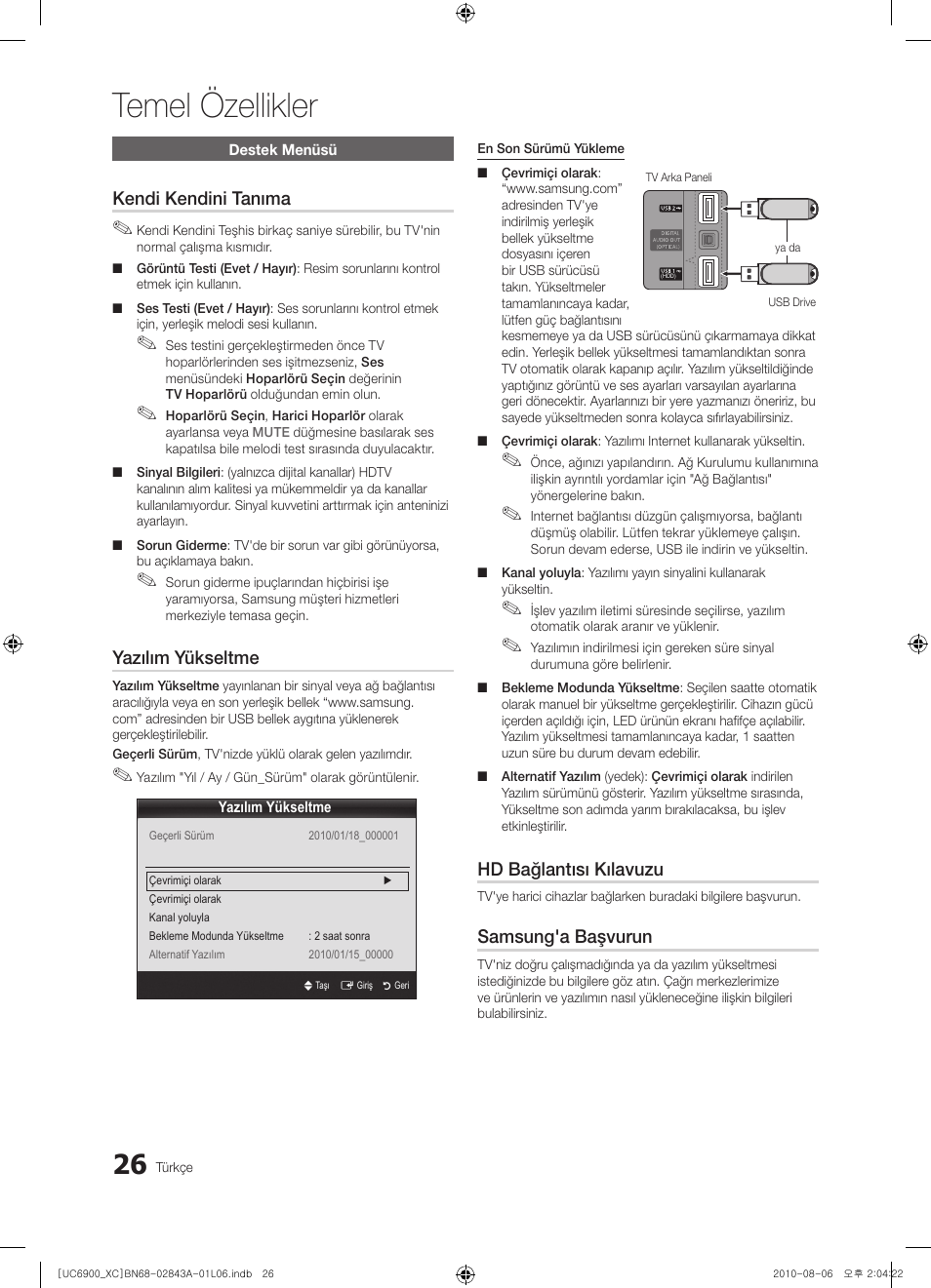 Temel özellikler, Kendi kendini tanıma, Yazılım yükseltme | Hd bağlantısı kılavuzu, Samsung'a başvurun | Samsung UE55C6900VS User Manual | Page 336 / 374