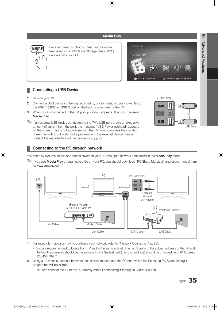 Connecting a usb device, Connecting to the pc through network, Media.p | Samsung UE55C6900VS User Manual | Page 35 / 374