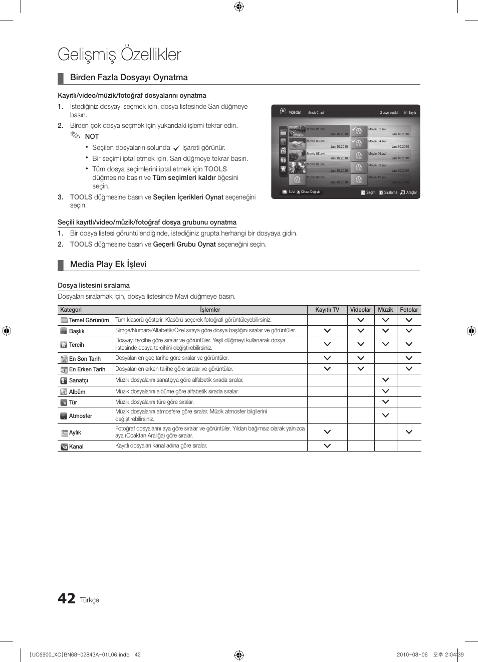 Gelişmiş özellikler, Birden fazla dosyayı oynatma, Media play ek işlevi | Samsung UE55C6900VS User Manual | Page 352 / 374