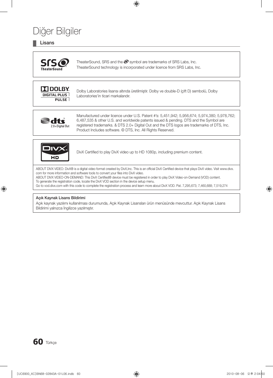 Diğer bilgiler | Samsung UE55C6900VS User Manual | Page 370 / 374