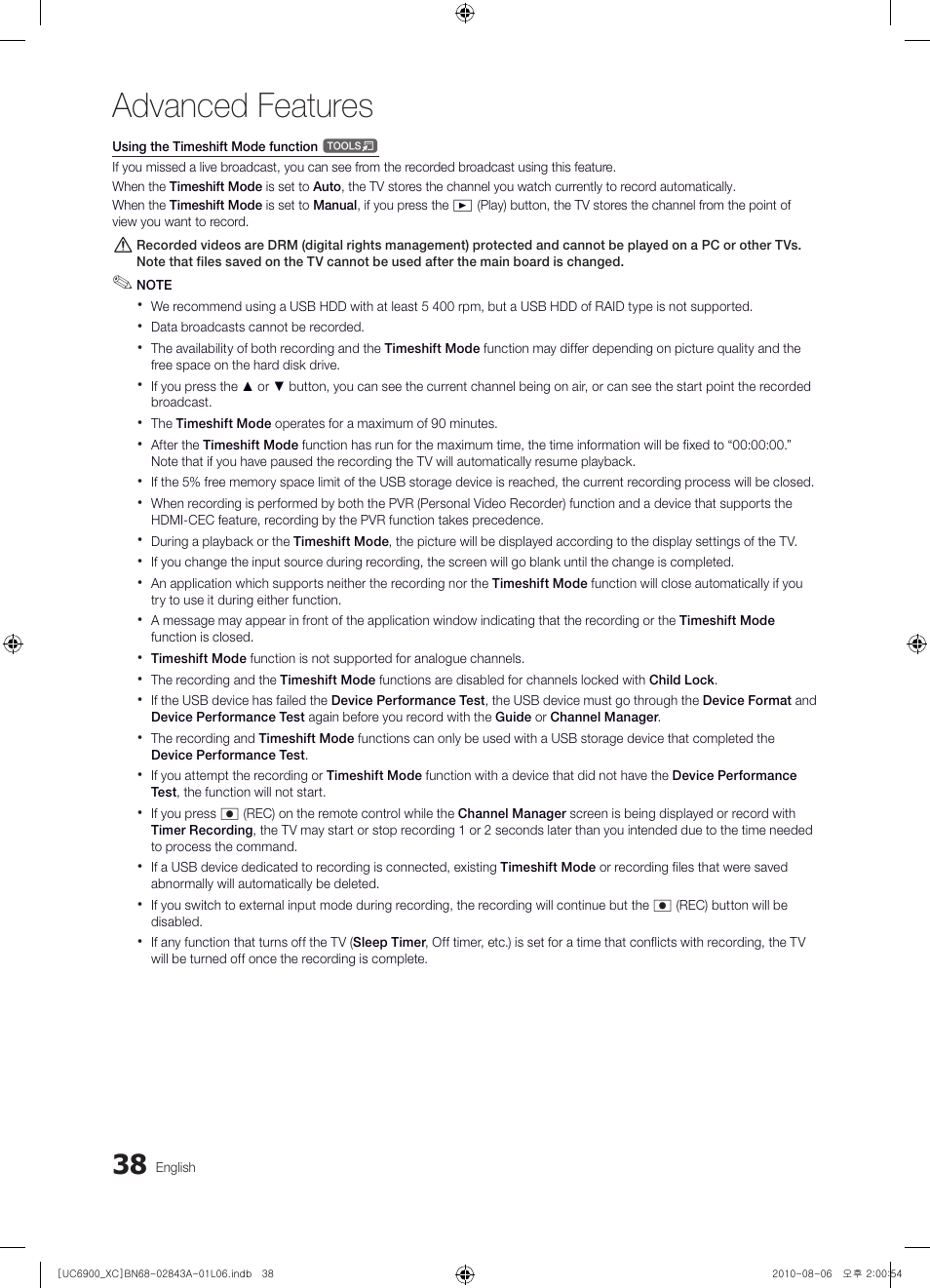 Advanced features | Samsung UE55C6900VS User Manual | Page 38 / 374